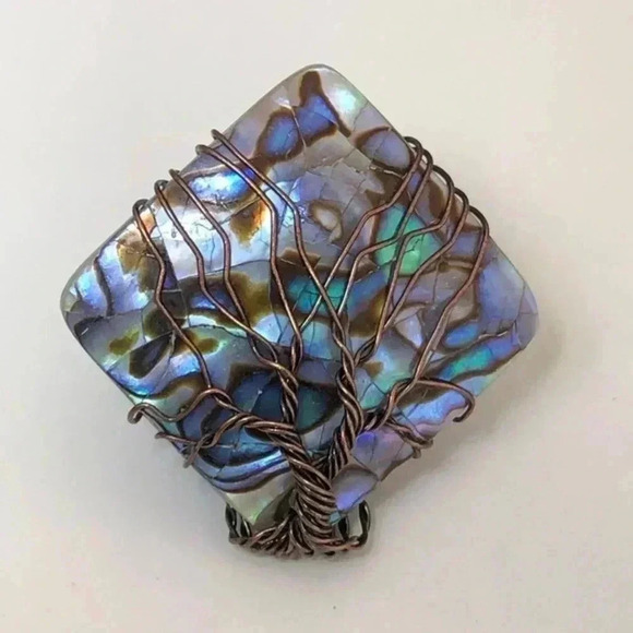 Handmade Abalone Square Brass Tone Adjustable Free Size Tree of Life Ring - Picture 1 of 4
